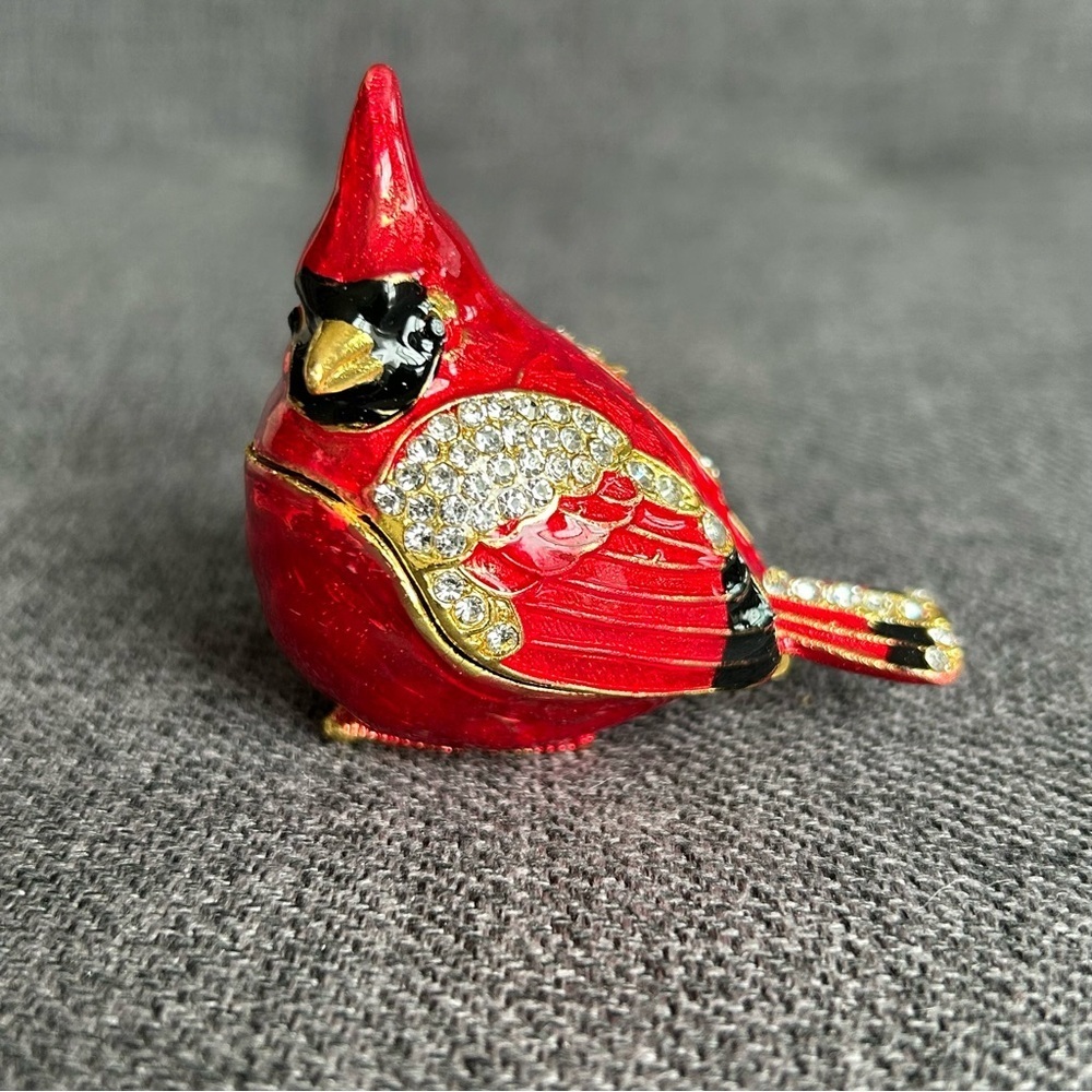 Sparkly Red Cardinal Trinket Box with Rhinestone Bling Crystals with Gift Box